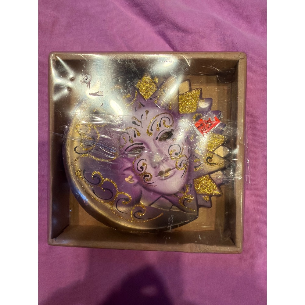 Vintage Shiah Yih Venetian Sun Moon Ceramic Wall Mask Purple Gold SY-7943 NIB